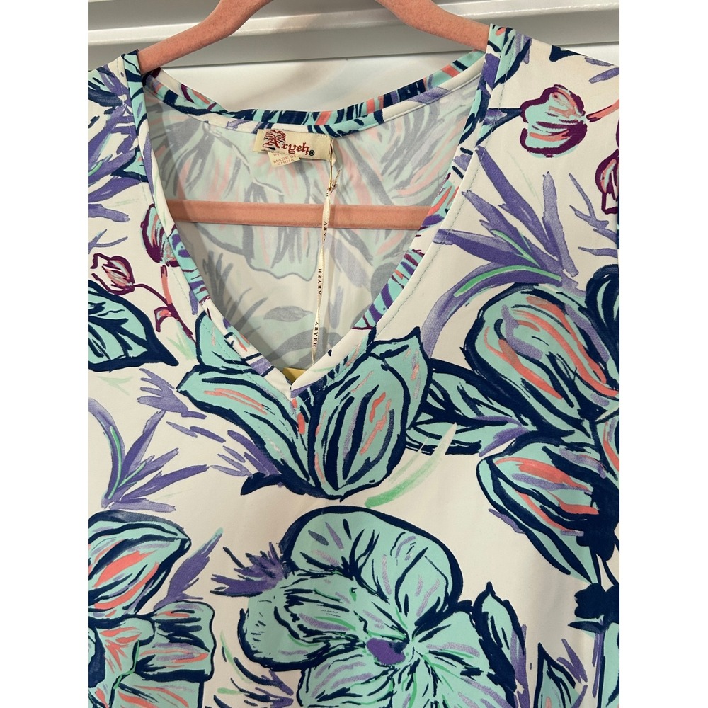 NEW Aryeh Womens V Neck Short Sleeve Floral Print Dress‎ Blue Vacation Beach - Picture 2 of 10